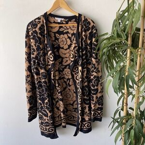 Isaac Mizrahi Live Cardigan Womens XL Brown Black Floral Knit Longsleeve Layer